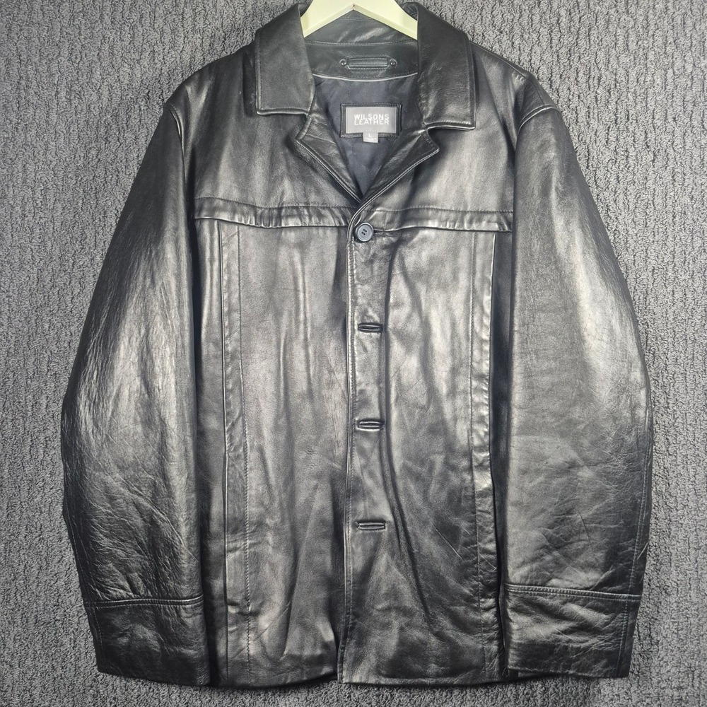 Wilsons Leather Mens Large Black Genuine Leather Car Coat Jacket Button Front